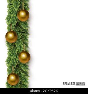 Christmas and New Year background. Vector fir branch with golden Christmas balls on white background vertical seamless pattern Stock Vector