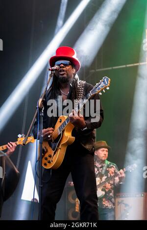 Peter Lee, guitarist with the band The Dualers performing at a music concert festival in Garon Park, Southend on Sea, Essex, UK Stock Photo