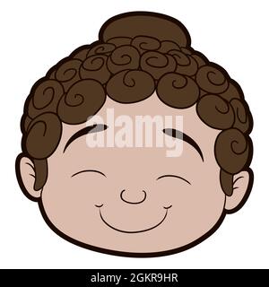 Smiling and cute Baby Buddha face in cartoon style with bold outline, isolated over white background. Stock Vector