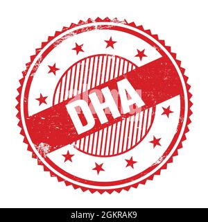 DHA text written on red grungy zig zag borders round stamp. Stock Photo