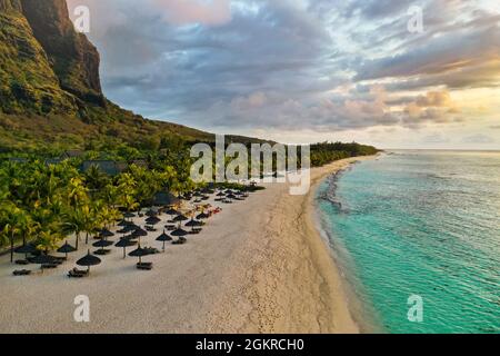 View from the height of the island of Mauritius in the Indian Ocean and the beach of Le Morne-Brabant. Stock Photo