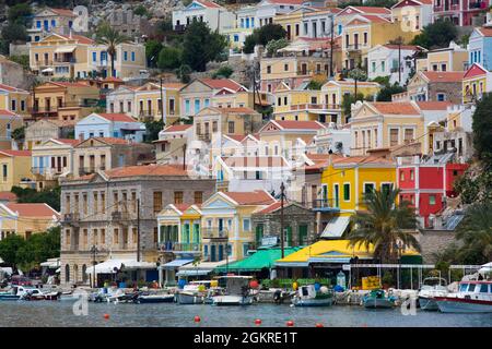 Gialos Harbor, Symi (Simi) Island, Dodecanese Island Group, Greek Islands, Greece, Europe Stock Photo