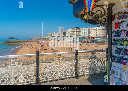 View of beach on a sunny day from Brighton Palace Pier, Brighton, East Sussex, England, United Kingdom, Europe Stock Photo