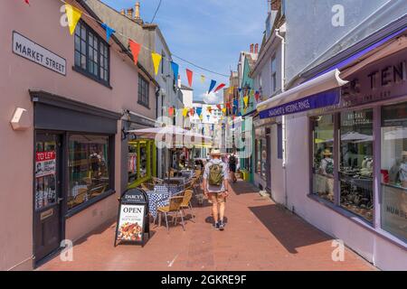 View of cafes and shops in colourful Brighton Place, Brighton, Sussex, England, United Kingdom, Europe Stock Photo