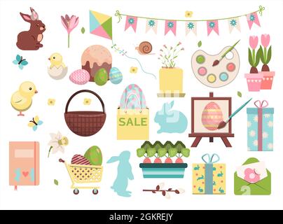 Large vector Easter set. Flat design featuring hares, butterflies, painted eggs, cake, chicken, rabbit, bicycle, chicken, basket, gift, garland Stock Vector