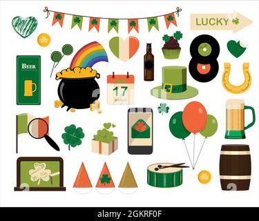 A large set of flat icons for Saint Patrick s Day A set of illustrations for a party, invitation, postcard or banner. Vector clipart with images of Stock Vector