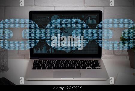 Digital software development, internet technology. Software, app, blockchain, programming on laptop with binary code Stock Photo