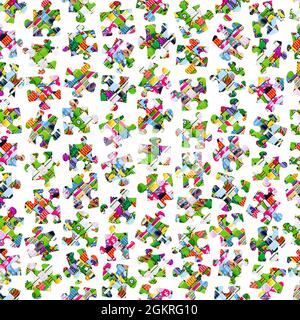 A seamless repeating pattern of scattered jigsaw puzzle pieces isolated on a white background, with clipping path Stock Photo