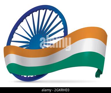 Big blue Ashoka Chakra wheel wrapped with tricolor Indian flag over white background. Stock Vector