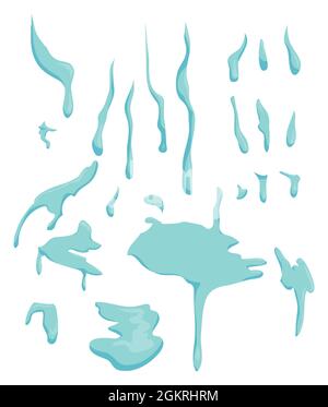 Set with variety of water drops and puddles in cartoon style, over white background. Stock Vector