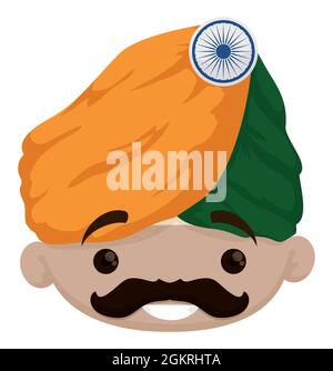 Smiling Indian man face with mustache wearing a traditional turban with Indian flag colors and button. Stock Vector