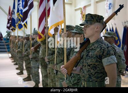 The Fort Detrick color guard stands in formation during a Change of Command ceremony, June 22, 2021. Maj. Gen. Michael Talley, Commanding General of the U.S. Army Medical Research and Development Command and Fort Detrick, Maryland, relinquished command to Brig. Gen. Anthony McQueen. Stock Photo