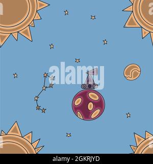 Space seamless pattern. Hand draw space illustration with a rocket, astronaut, planets and aliens. Cute, children s vector drawing about spaceships Stock Vector