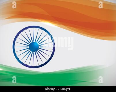 Design with abstract waves with Indian colors, decorated with Ashoka Chakra wheel symbol. Stock Vector