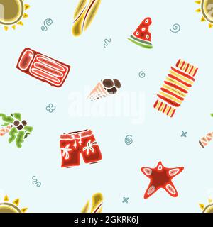 Seamless summer pattern. Hand draw accessories for beach holidays by the sea. Doodle Illustration for ads, web, flyers, and banners. Set of drawn by Stock Vector