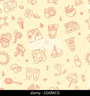 Seamless summer pattern. Hand draw accessories for beach holidays by the sea. Doodle Illustration for ads, web, flyers, and banners. Set of drawn by Stock Vector