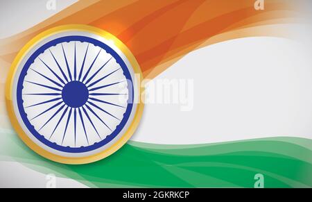 Banner with golden button with Ashoka Chakra wheel inside over abstract waves with India flag colors. Stock Vector