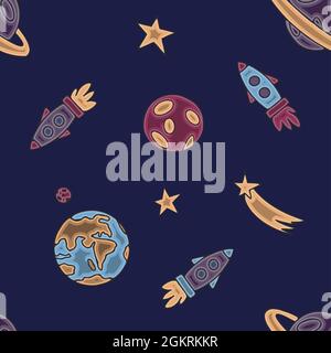 Space seamless pattern. Hand draw space illustration with a rocket, astronaut, planets and aliens. Cute, children s vector drawing about spaceships Stock Vector