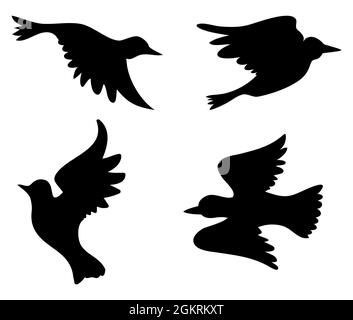 Set with four flying birds in dark silhouettes over white background. Stock Vector