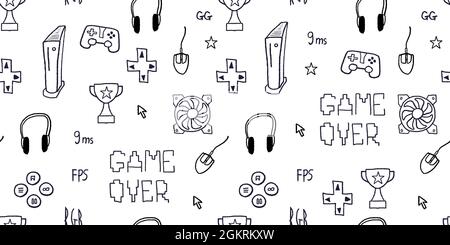 Seamless video game doodle texture. Gaming theme vector background. Video game seamless fashion pattern. Stock Vector