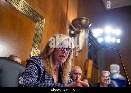 Washington, United States Of America. 14th Sep, 2021. United States Senator Marsha Blackburn (Republican of Tennessee) questions Jennifer Sung as she appears before a Senate Committee on the Judiciary for her nomination hearing to be United States Circuit Judge for the Ninth Circuit, in the Dirksen Senate Office Building in Washington, DC, Tuesday, September 14, 2021. Credit: Rod Lamkey/CNP/Sipa USA Credit: Sipa USA/Alamy Live News Stock Photo