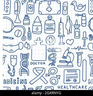 Medical seamless pattern. Medical doodle poster with medicines, test tubes and a thermometer. Big pharmacy set. Vector illustration card with hand Stock Vector