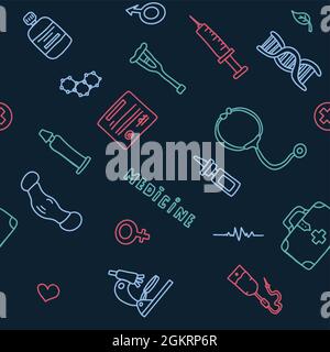 Medical seamless pattern. Medical doodle poster with medicines, test tubes and a thermometer. Big pharmacy set. Vector illustration card with hand Stock Vector