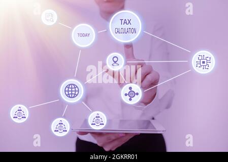Text caption presenting Tax Calculation. Conceptual photo an assessment of how much to pay to the government Lady Holding Tablet Pressing On Virtual Stock Photo