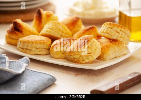 Bunch of small homemade greek cheese puff pastry pies Stock Photo