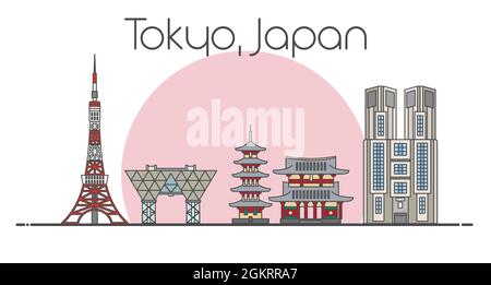 Flat vector line illustration of Tokyo, Japan cityscape. Famous landmarks, city sights and design icons isolated on white and pastel pink background Stock Vector