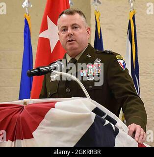 Maj. Gen. Chris Mohan, commanding general, U.S. Army Sustainment Command, and senior mission commander, Rock Island Arsenal, Illinois, gives remarks during the RIA quarterly retirement ceremony June 23. Mohan served as ceremony host that saw three Soldiers and one civilian retire with a combined work experience of 115 years. Stock Photo