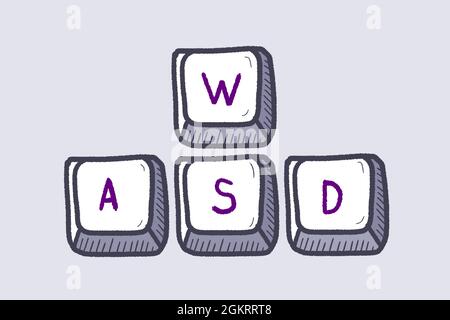 WASD keyboard keys used in PC video games. Gaming concept doodle. Stock Vector