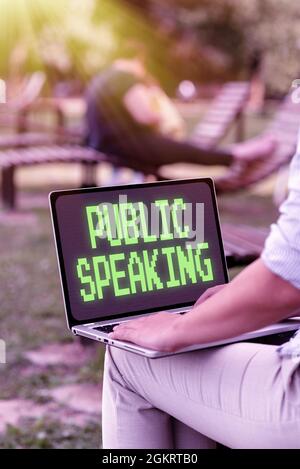 Conceptual caption Public Speaking. Business overview art of effective oral communication with an audience Online Jobs And Working Remotely Connecting Stock Photo