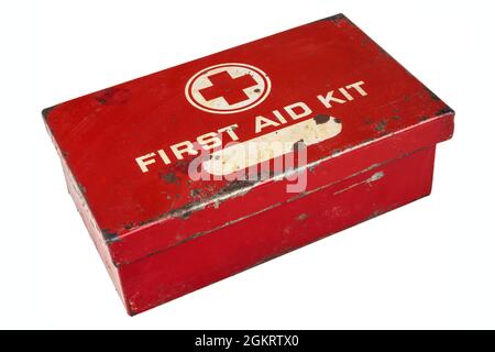 Vintage weathered first aid kit isolated on a white background Stock Photo