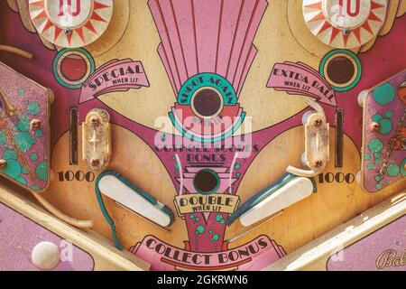 ROSMALEN, THE NETHERLANDS - MAY 8, 2016: Close up of a weathered vintage pinball machine on a flee market in Rosmalen, The Netherlands Stock Photo