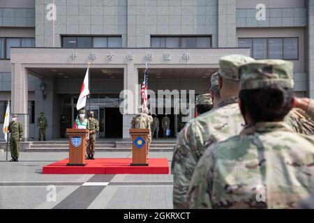 The Japan Ground Self-Defense Force Middle Army hosts Soldiers from the 40th Infantry Division for the opening ceremony of Orient Shield 21-2 on June 24, 2021 at Camp Itami, Japan. Stock Photo