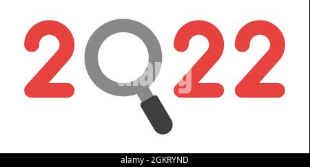 New year 2022 vector concept, magnifying glass instead of zero, search and inspect. Flat colored style. Stock Vector