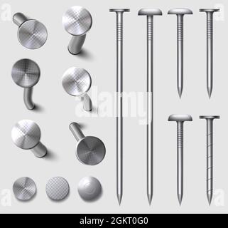 Realistic 3d straight and bent metal nails in wall. Hammered steel and iron curved nail pins and heads top view. Metallic hardware vector set Stock Vector