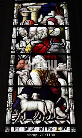 Stained glass window in St James' Church in Louth, showing beautiully painted characters and animals. Louth, Lincolnshire, UK Stock Photo
