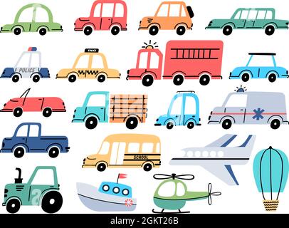 Cartoon kids toy cars police, ambulance, airplane and boat. Vehicles, truck, bus and tractor. Flat transport in simple baby style vector set Stock Vector