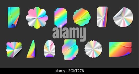 Wrinkled hologram label stickers with folds and peel edges. Square, round and star holographic metal seal. Neon shiny foil emblem vector set Stock Vector