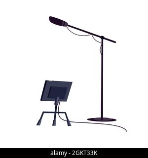 Flat cartoon microphone on stand and rack,professional TV studio equipment for television industry vector illustration concept Stock Vector