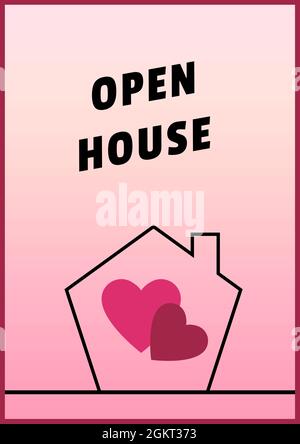 Digitally generated image of open house text over two hearts in a house icon on pink background Stock Photo