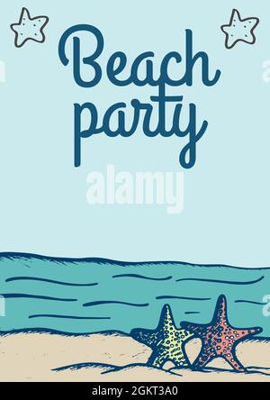 Digitally generated image of beach party text over star fish icon on the beach Stock Photo