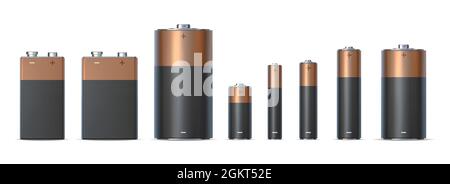 Realistic alkaline battery sizes aa, aaa and d. Batteries types. Chemical electric power source in metal cylinder. 3d charge icon vector set Stock Vector