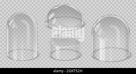 Realistic transparent glass dome spherical, hemisphere and bell shape. Protection shield and display stand cover. Glossy showcase vector set Stock Vector