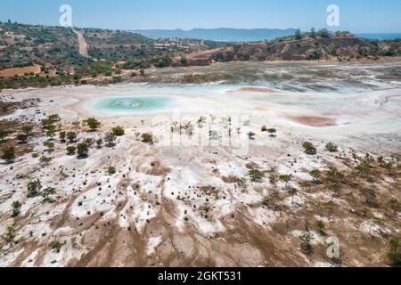 Contaminated surface of abandoned copper mine in Limni, Cyprus. Odd colors and shapes derive from high levels of toxic chemicals