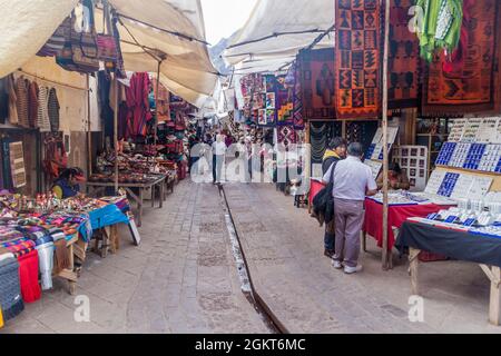 PISAC, PERU - MAY 22, 2015: Famous indigenous market in Pisac, Sacred Valley of Incas, Peru. Stock Photo