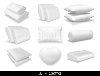 Realistic white cotton orthopedic pillows, square and round cushions. 3d feather fluffy pillow and bolster mockup for bed or sofa vector set Stock Vector
