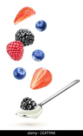 Spoon with natural yogurt and flying berries (strawberry, blueberry, blackberry, raspberry) isolated on white background Stock Photo